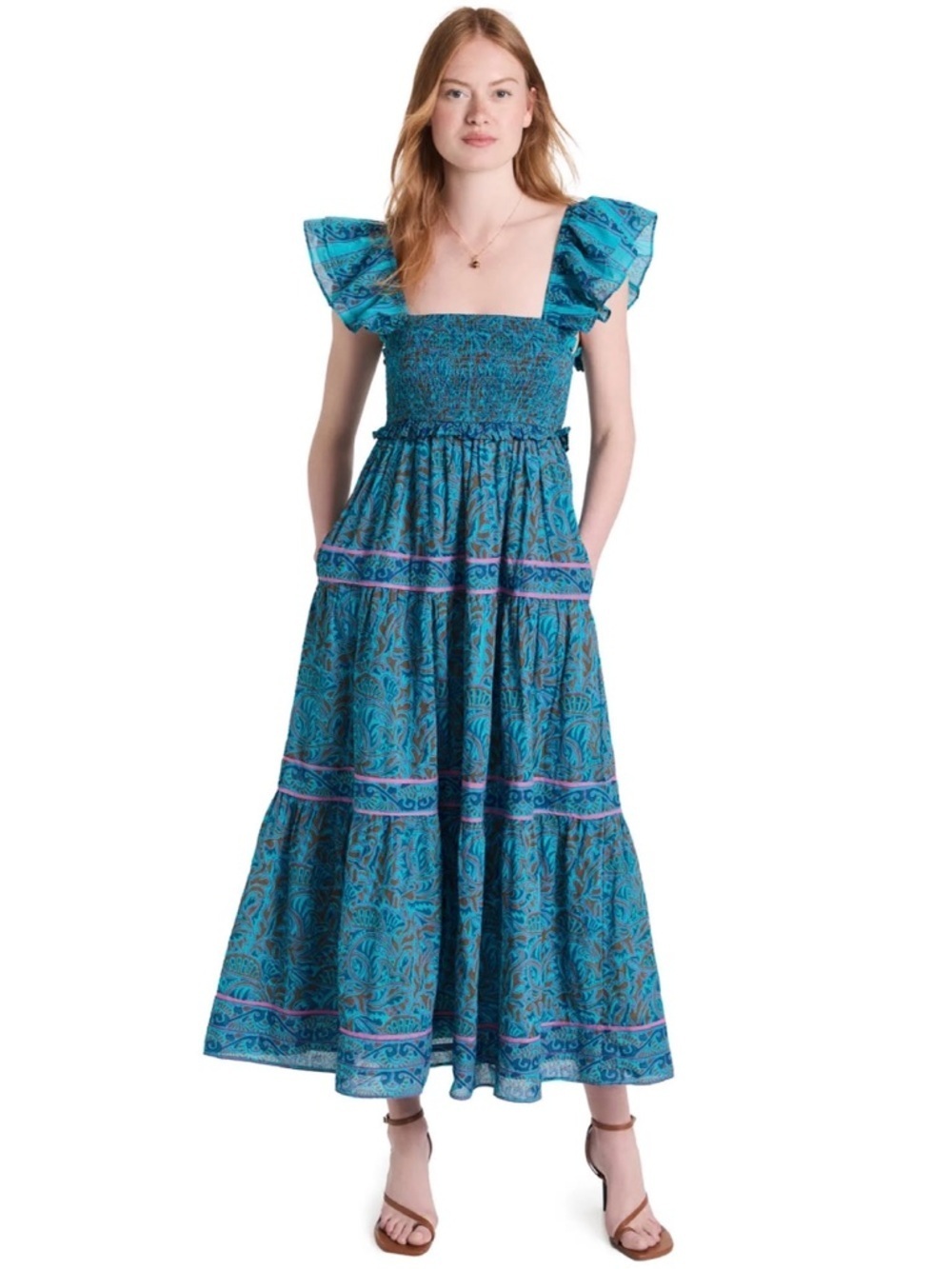 Cleobella Marilyn Ankle Dress Ruffle Sleeve Tiered Maxi Pockets Cotton Zuri Sz S